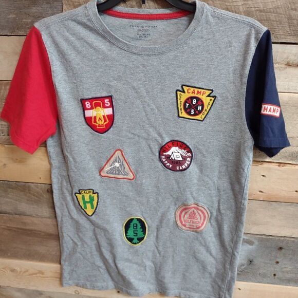 Tommy Hilfiger Boy's XL Camp Fun Short Sleeve Gray Shirt w/ Patches - Picture 1 of 5